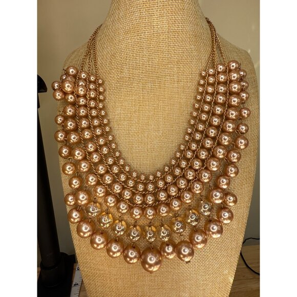 Gold Tone Multi-Layered Faux Pearl Statement Necklace With Clear Beads & Adjusta - Picture 4 of 9